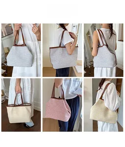 Striped canvas tote bag collage showing blue red and yellow options with leather handles