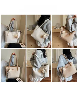 Detail shots of large tote bag in beige and brown colors with a cute bear charm accessory