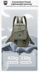 Olive green lightweight waterproof backpack showing large 420g and small 330g size options