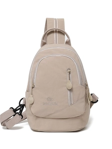 Versatile beige multi-pocket backpack with brand logo and functional zippers for women