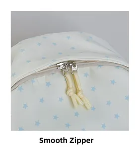 Close-up of smooth double metal zippers with cord pulls on a blue star print backpack