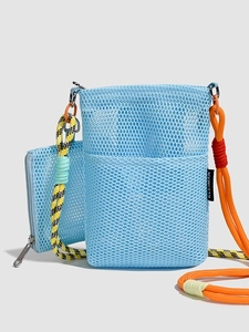 Lightweight Nylon Mesh Crossbody Bag For Women Men Mini Bucket Phone Bag With Coin Purse Contrast Rope Strap Casual Beach Travel Shoulder Bag