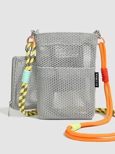 Grey mesh crossbody bag with colorful climbing rope strap and small zipper pouch
