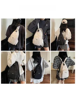 Six-grid collage showing sporty pleated crossbody bag styled with casual outfits
