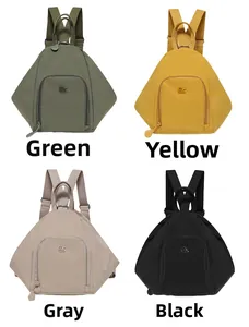 Detail showing high-density nylon triangular backpacks in green, yellow, grey and black