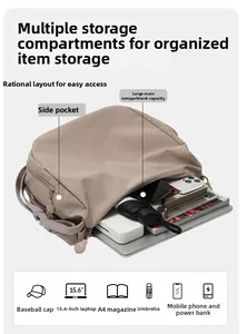 Detail view of khaki backpack interior featuring storage for 15.6 inch laptop and A4 items