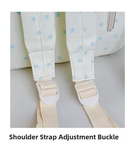 Detail of adjustable shoulder strap buckle with star pattern on canvas backpack