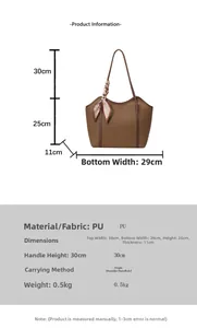 Detailed size guide for large PU leather tote bag with precise dimension annotations