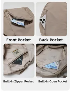 Detail view of four storage compartments in a beige backpack with anti-theft and inner pockets