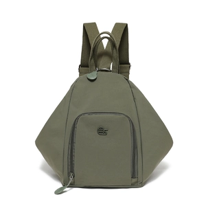 Detail of army green nylon backpack showing front zipper pocket and webbing handle