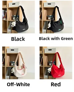 Collage of four nylon crossbody bags in black, white, and red with cute doll pendants