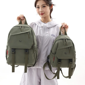 Comparison of two olive green nylon backpacks in different sizes with metal logo and buckles