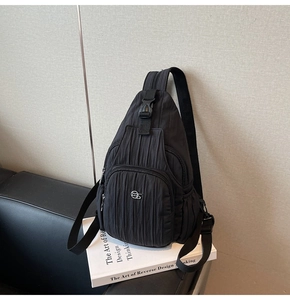 Detail of black pleated crossbody bag with silver metal logo and zip pockets