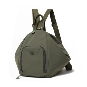 Detailed close-up of olive green triangular backpack with high-density nylon fabric texture