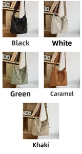 Detail view of five versatile nylon drawstring bucket bags in various casual colors