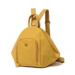 Detailed front view of bright yellow minimalist backpack with ms logo on front pocket