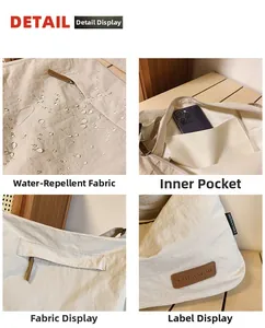 Detail view of water-resistant nylon fabric, interior pocket, and zip closure on beige tote