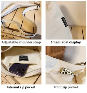 Detail of adjustable strap and internal zipper pocket on cream waterproof nylon bag