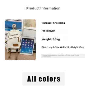 Detailed size comparison of a white nylon chest bag with iPad and brown strap details