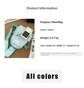 Sky blue nylon crossbody chest bag showing dimensions 20x11x31cm and 0.27kg weight