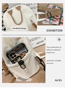 Detail view of adjustable straps, sturdy top handle, and side pocket with smartphone storage