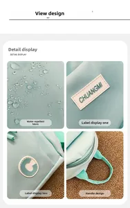 Detail of mint green waterproof fabric with water droplets and sturdy handle design