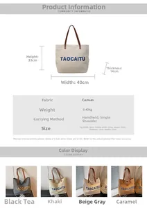 Detailed view of canvas tote bag dimensions and material texture with leather handles