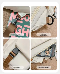 Detail view of strap hooks, reinforced stitching, buckle, and back zipper on beige sling bag