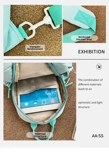 Detail of reinforced shoulder strap stitching and large capacity interior with tablet pocket