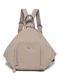 Minimalist beige waterproof nylon backpack with front zipper pocket and unique silhouette