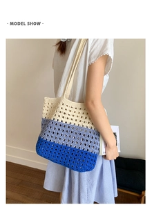 Detailed knit pattern on a three-color gradient crochet tote bag with openwork mesh style
