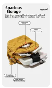 Détails du sac en nylon jaune moutarde montrant les compartiments et le rangement interne
