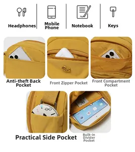 Vue détaillée du sac bandoulière en nylon jaune avec multi-poches et poche antivol pratique