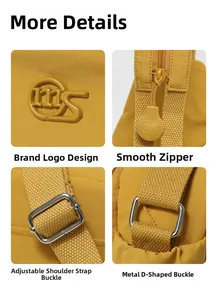 Détails du sac bandoulière en nylon jaune avec logo, fermeture éclair et boucles