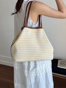 Large Capacity Striped Canvas Tote Bag For Women Minimalist Casual Commuter Shoulder Bag With Leather Straps Soft Handbag