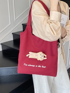 Burgundy canvas tote bag with 3D teddy bear plush decor and white embroidery