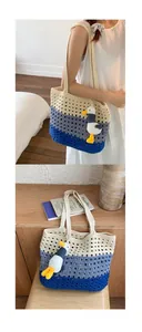 Detail of hand-woven tri-color knit tote bag with plush duck charm and hollow texture