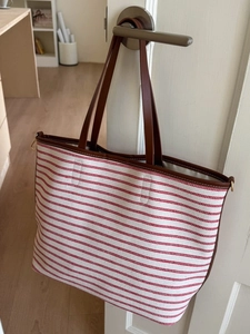 Large capacity red and white striped canvas tote bag with brown leather handles