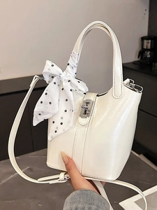 Borsa a Secchiello da Donna in Pelle PU Con Decorazione Foulard in Raso a Pois Chiusura in Metallo Borsa a Tracolla