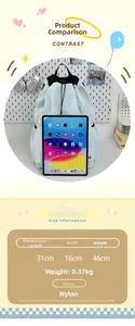 Detailed size guide of light blue nylon backpack with 31x16x46cm dimensions and 0.37kg weight