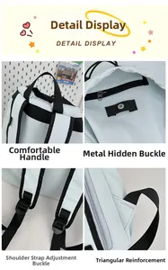 Detail view of water-resistant light blue backpack with reinforced stitching and buckles