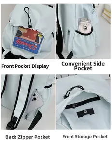 Detail view of water-resistant light blue backpack with multiple storage compartments