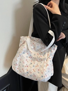 Floral canvas tote bag with lace jacquard pattern and sturdy handles for women