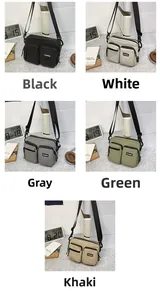 Detail view showing color options for nylon crossbody bag with dual utility pockets