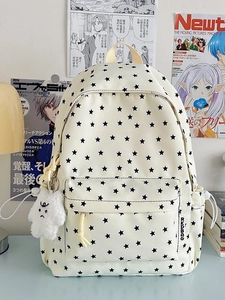 Minimalist beige canvas backpack with star print and cute ghost pendant for school