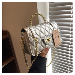 Detail of silver quilted handbag with gold twist lock and chain strap for women