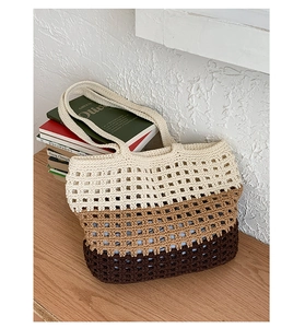 Detailed view of the hollow crochet knit texture and three-tone color block pattern