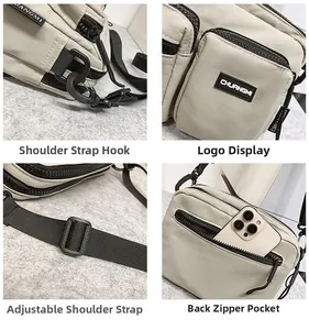 Detail of beige nylon crossbody bag with adjustable strap and anti-theft back pocket for phone