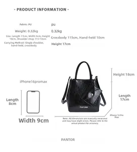 Detailed view of black wrinkled PU leather mini square bag with dimensions and phone scale