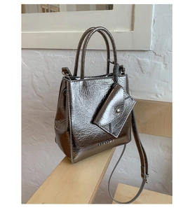 Silver metallic crossbody bag with textured finish, mini pouch, and adjustable strap